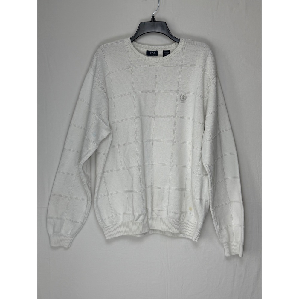 IZOD Men Cotton Sweater L White Windowpane Grid Textured Crewneck Logo 1886